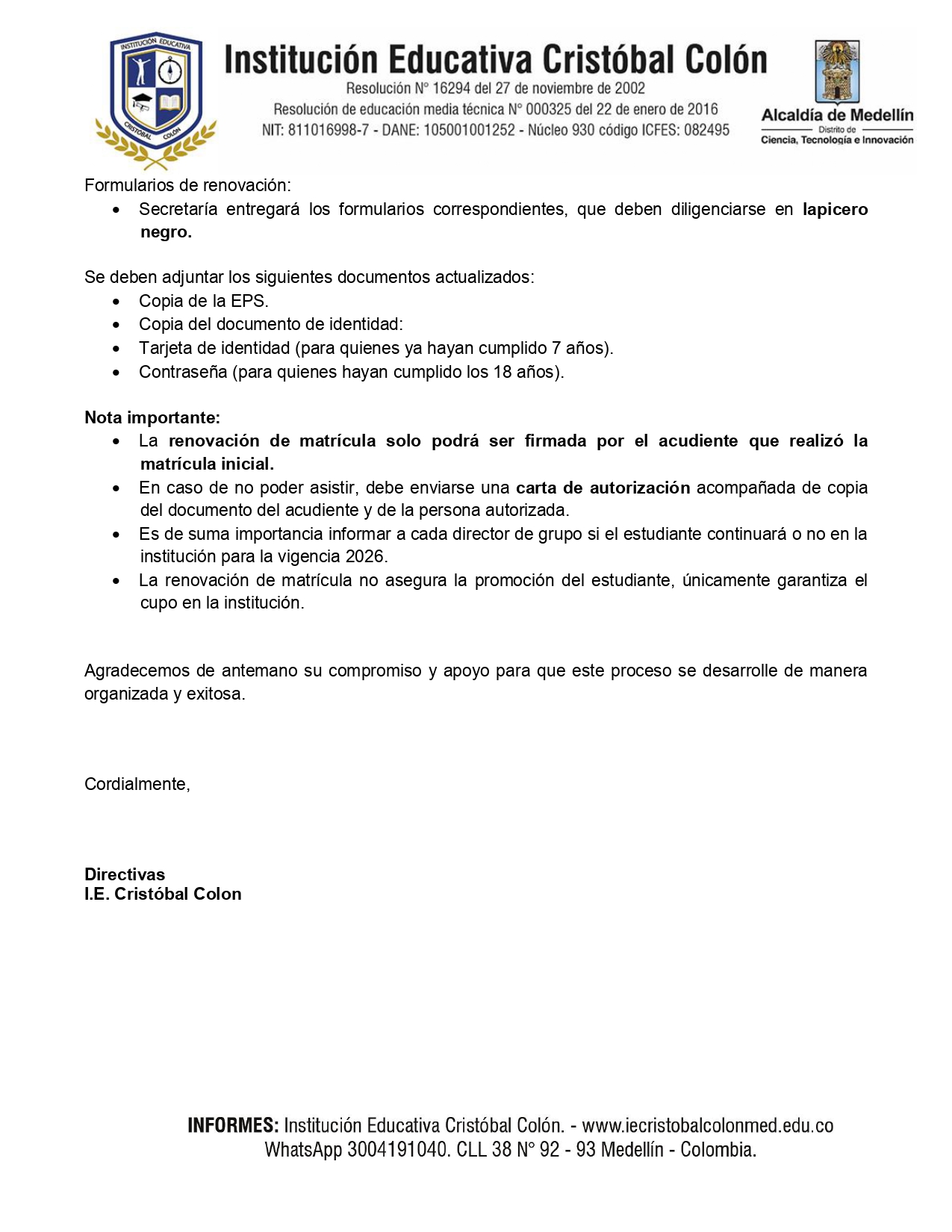 Renovación de Matricula año 2026